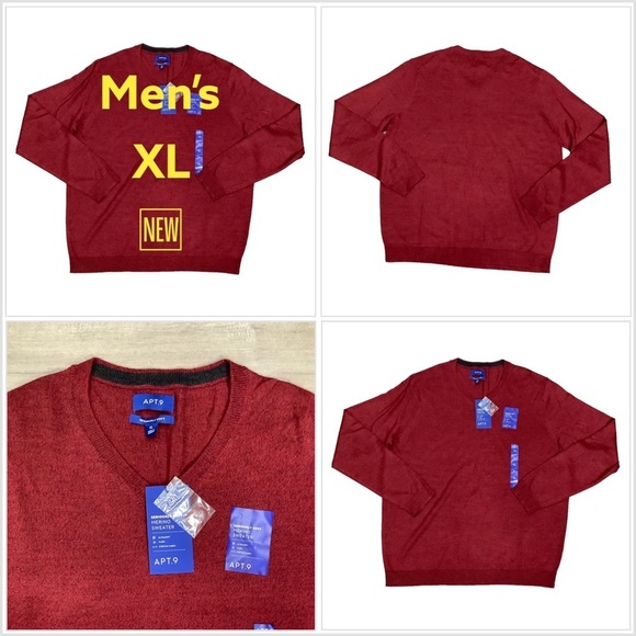 Men's Apt. 9 XL 46 - 48 V-Neck Sweater Marble Burgundy Red Merino Wool Blend NWT - Picture 1 of 7
